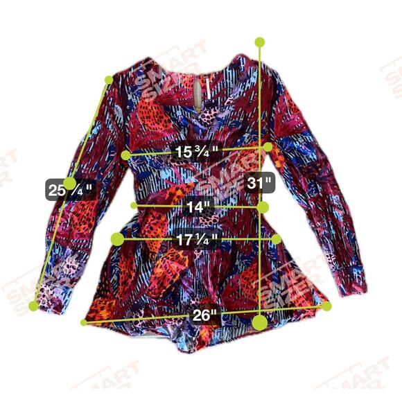 Free People Audrey Long Sleeve Romper V-Neck Printed Red Combo Shorts Size 8 - Picture 13 of 13
